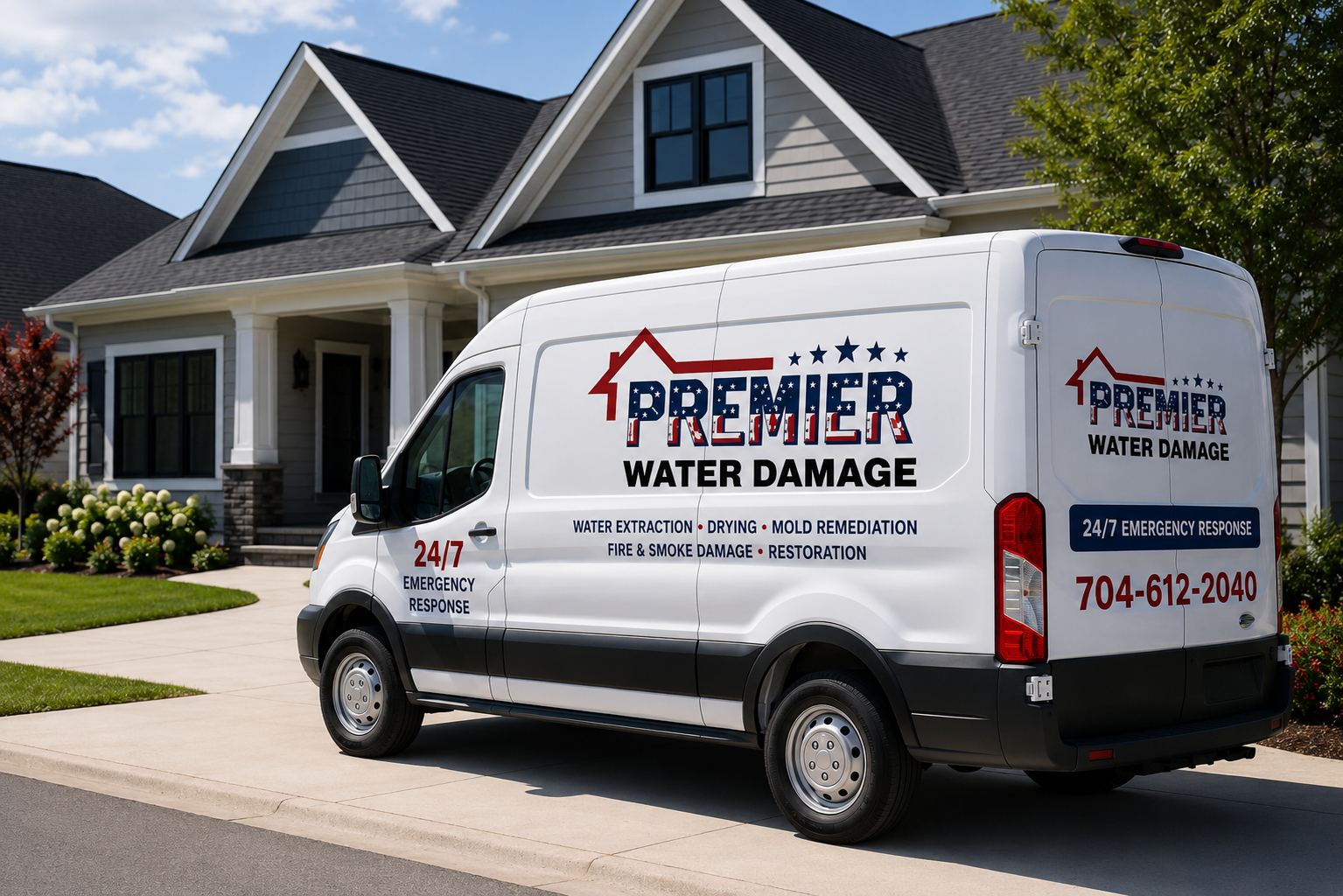 Premier Water Damage emergency restoration van outside a home